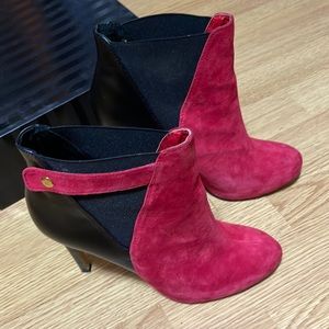 VICTORIA’S SECRET BLACK BACK LEATHER AND RED SUEDE FRONT HEELED BOOTIES!!